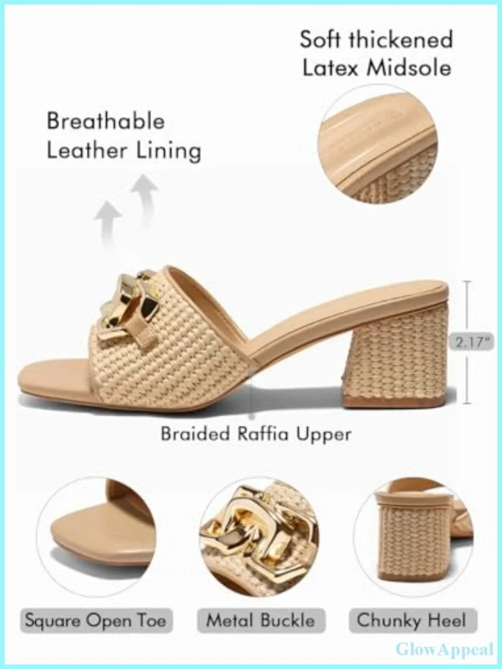 Raffia Sandals Block Heel Square Toe Metal Chain Slip On Mules Dressy